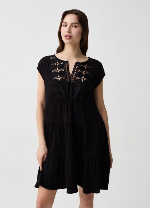 DRESS W/LACE DARK BLACK - Black