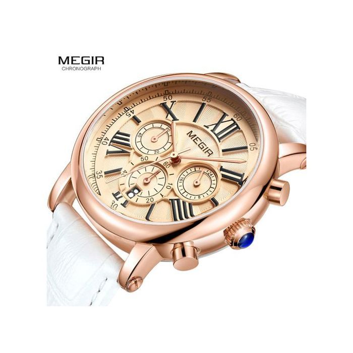 Montre Megir Femme Quartz Étanche Calendrier Blanc Cuir - 2058