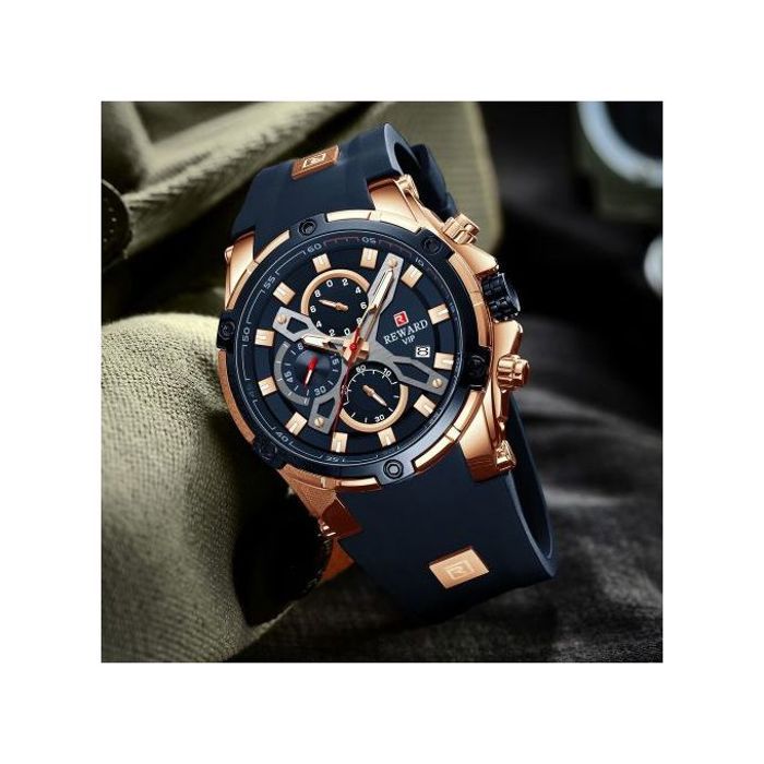 Montre Homme Reward - Chronographe - Bleue - Bracelet Silicone - Étanche 3 ATM
