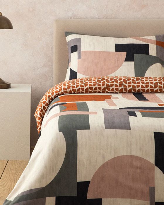 Parure de lit en coton doux imprimé numériquement pour une personne, Dynamic Square, coloris beige, dimensions 160 × 220 cm