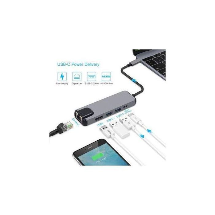 Adaptateur Hub USB-C 5 en 1 Multifonctionnel - HDMI, Ethernet, USB 3.0, Alimentation