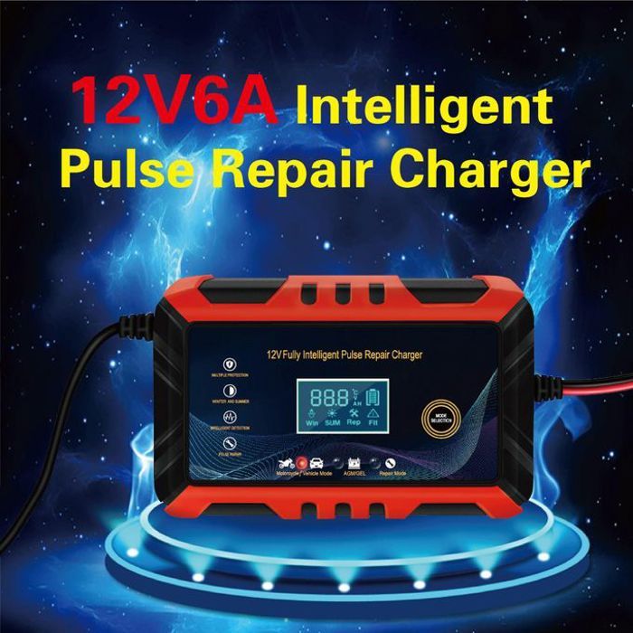 Chargeur de batterie de voiture avec écran LCD,réparation intelligente des impulsions,charge de la batterie de moto,12V 6A