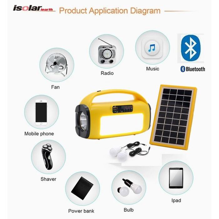 Isolar Système Solaire banque d'énergie Bluetooth multifonctionnelle portable alimentée, MP3 radio FM