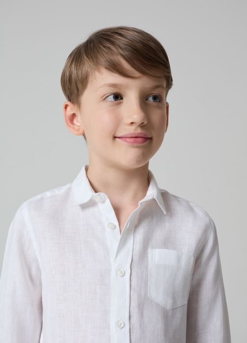 Chemise en Lin - PIOMBO KIDS - Optical White - 100% Lin - Manches Longues - Col Classique