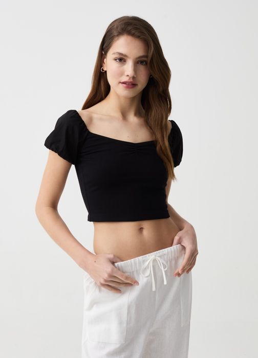 CROP T-SHIRT - B.ANGEL - Noir - 96% Coton - Manches Courtes - Femme