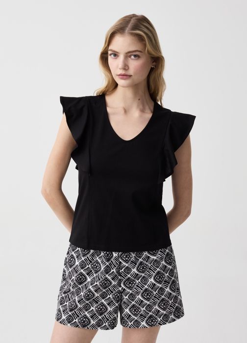 TOP W/RUFFLE DARK BLACK - Black