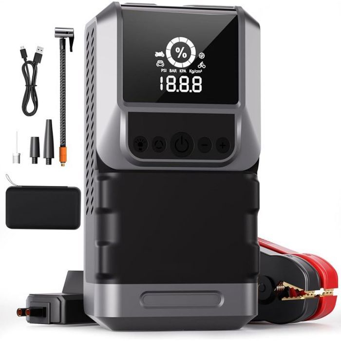 Démarreur portable 2500A pour voiture 12V, avec chargeur et lampe LED intégrée.