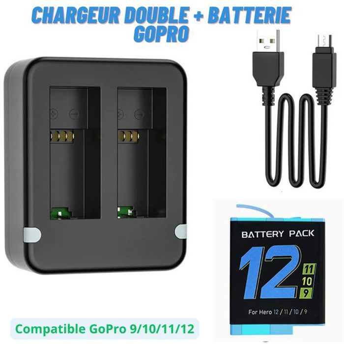 Pack Chargeur de batterie à double canal pour caméra GOPRO Hero 9 10 11 12 + Batterie 2000mAh