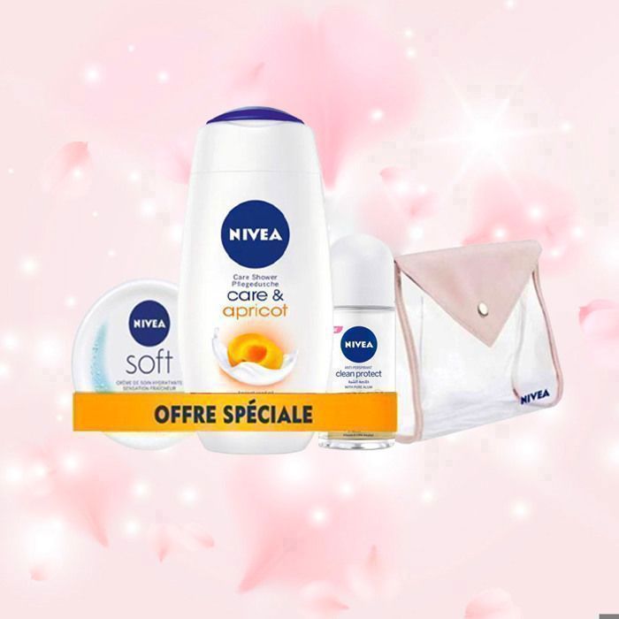 Trousse Femme Nivea : Gel douche 250ml + Déo Bille clean protect 50ml + Nivea Soft 50ml