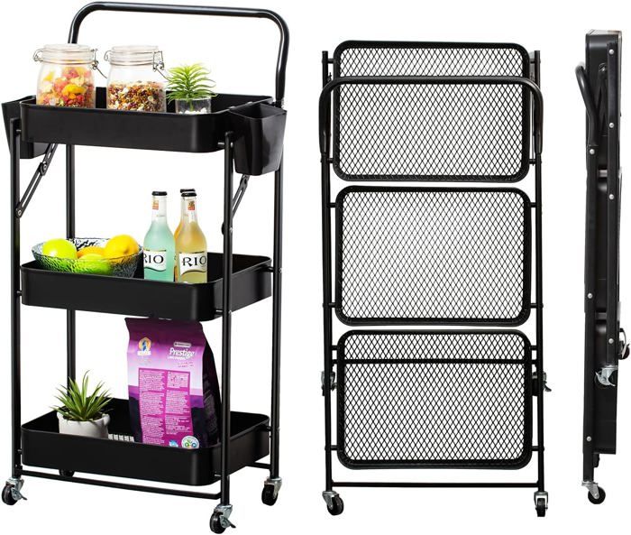 organisateur de rangement mobile de niveau avec poignée et roues, 2 tasses suspendues, chariot à panier pour cuisine,