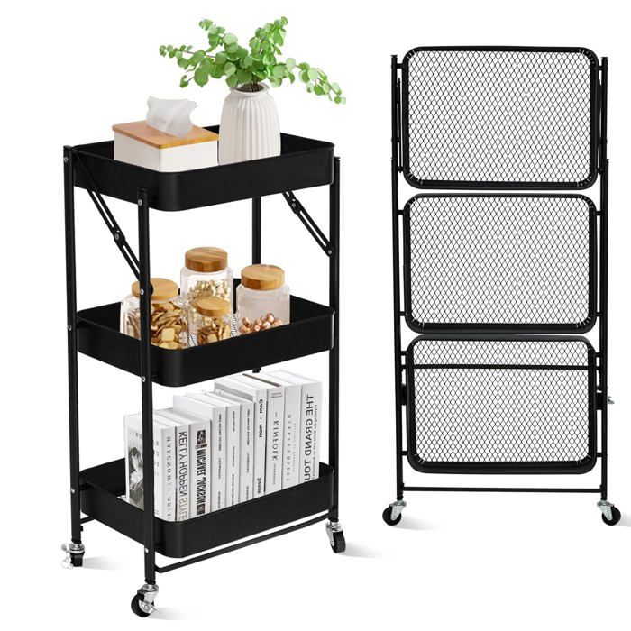 chariot organisateur multifonctionnel avec roulettes pour cuisine, chambre, salle de bain, bureau, buanderie et garage Noir