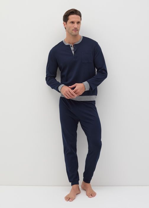 Pyjama long avec haut à encolure grand-père - Navy Blue