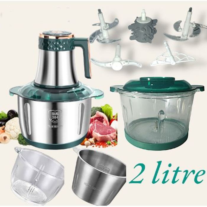 Robot Hachoir Broyeur 2L, 5 Vitesses, 2 Bols Inox et Verre - Argent