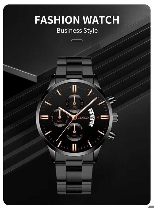 Montre à Quartz pour Homme - Montre de Luxe avec Bracelet en Acier Inoxydable Noir, Horloge et Calendrier
