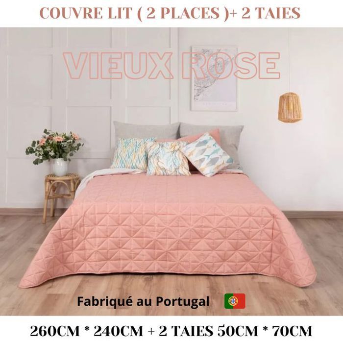 Couvre-lit Chic 260cm x 240cm + 2 Taies d'Oreillers Porto - Rose