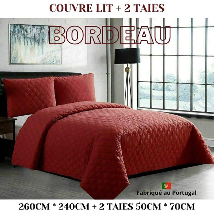Couvre-lit Chic 260cm x 240cm + 2 Taies d'Oreillers Porto - Bordeaux