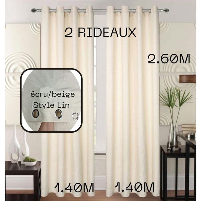 Rideaux Beige/Ecru - Style Lin - 280x260 cm - 2 Panneaux