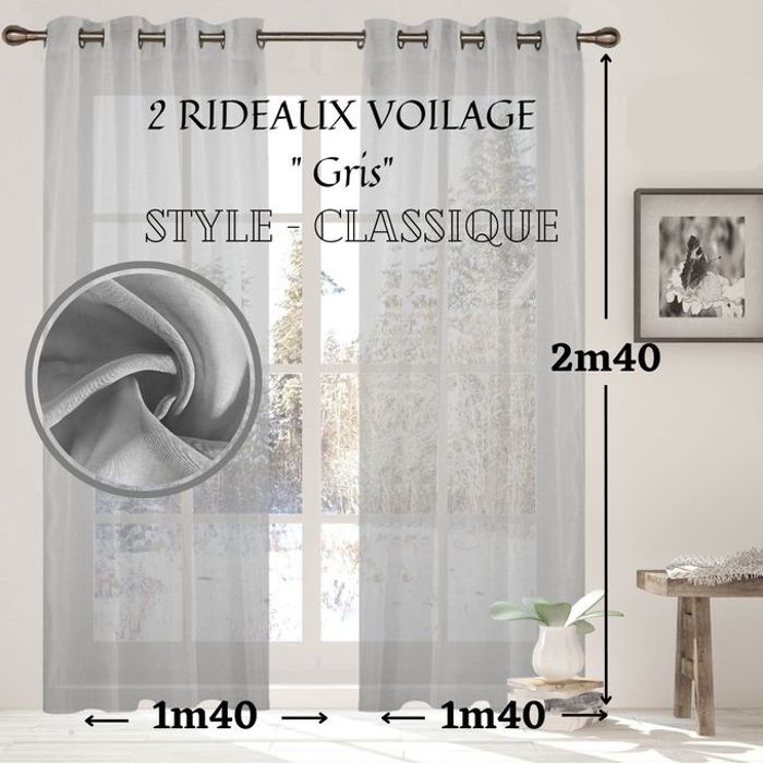 Rideaux Voilage Classique Gris - 2 Panneaux 140x240cm - Effet Lin