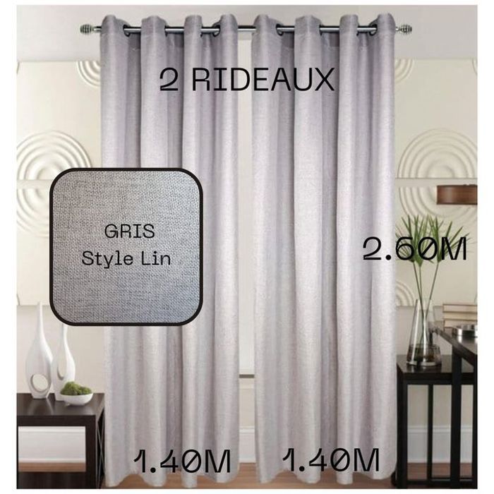 Rideaux Occultants Gris Clair - Style Lin - 140x260 cm - 2 Panneaux