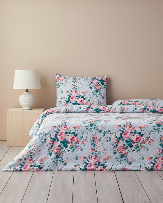 Parure De Lit Mystic Rose Coton, Pour deux personnes, Coloris Bleu, Dimensions: 200 x 220 cm