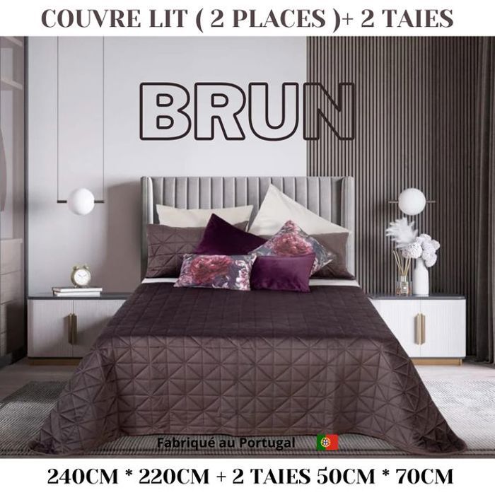 Couvre-Lit Chic Marron - 240x220cm - Collection Porto - Matelassé & Réversible