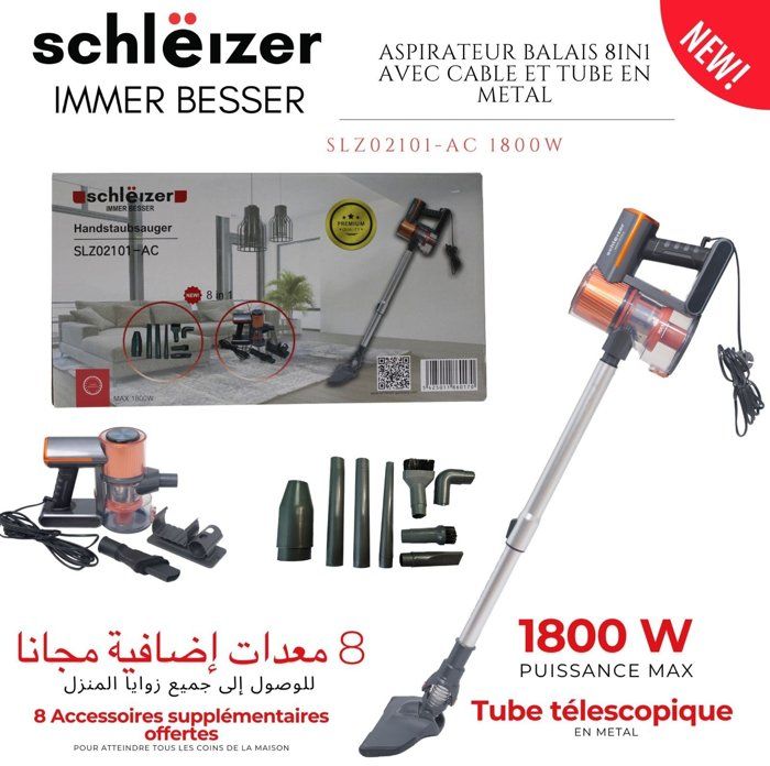 Aspirateur 3 en 1 à main 1800 w à fil , technologie sans sac cyclonique offerts, tube en métal, Avec 8 accessoires supplémentaires
