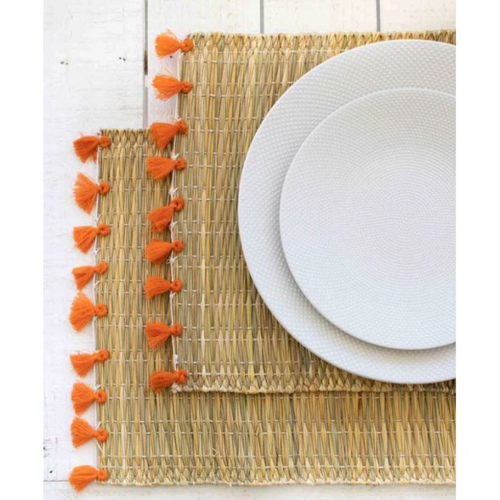 Lot de 2 Sets de Table Marocains Artisanaux à Pompons Orange - Bohème Chic