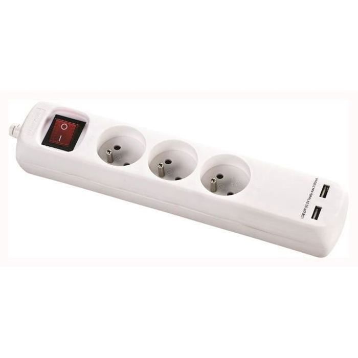 Rallonge 3 Prises + 2 Ports USB - 1.5m - Blanc