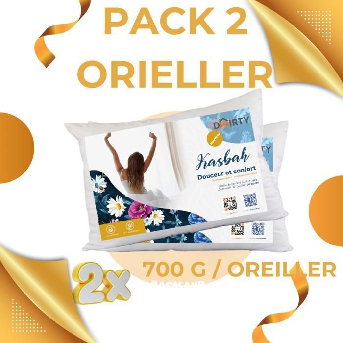 Pack 2 Oreillers Ferme Synthétique KASBAH (700 G / Orieller) / Antiallergique & Doux