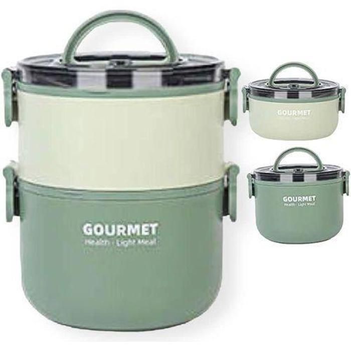 Lunch box 2 etg ronde intérieur inox et extérieur plastique alimentaire sans BPA couleur verte
