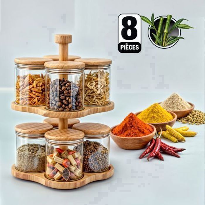 Ensemble de 8 Bocaux en Verre avec Support Rotatif en Bambou