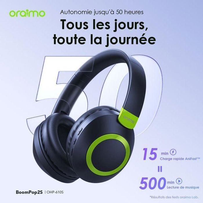 Oraimo Casque Bluetooth BoomPop2S supra-auriculaires sans fil ENC Bluetooth 5.3 Grande Autonomie