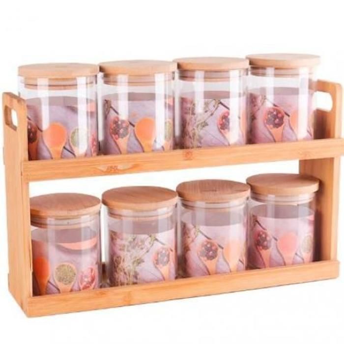 Rangements épices avec support 8 avec support boîtes en bambou capacité 400 Ml