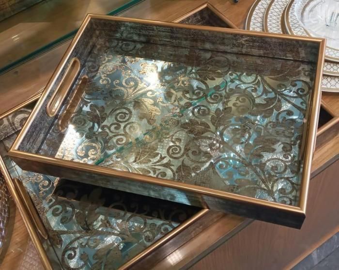 Ensemble 2 Plateaux de Service à thé ou café en Bois finition velour et Miroir Imprimé très hautes qualité
