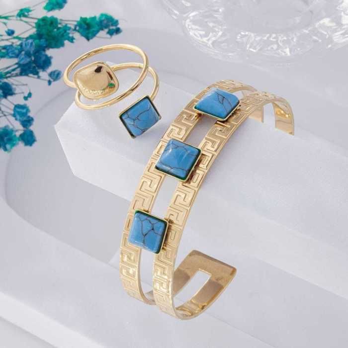 Bracelet et Bague - Acier Inoxydable - Femme - Doré - Bleu - Élégance et Robustesse
