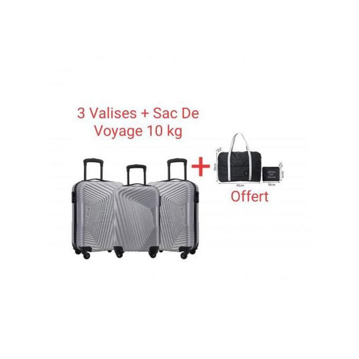 Ensemble de 3 Valises + Sac Cabine - Gris - Polycarbonate - 4 Roues Multidirectionnelles