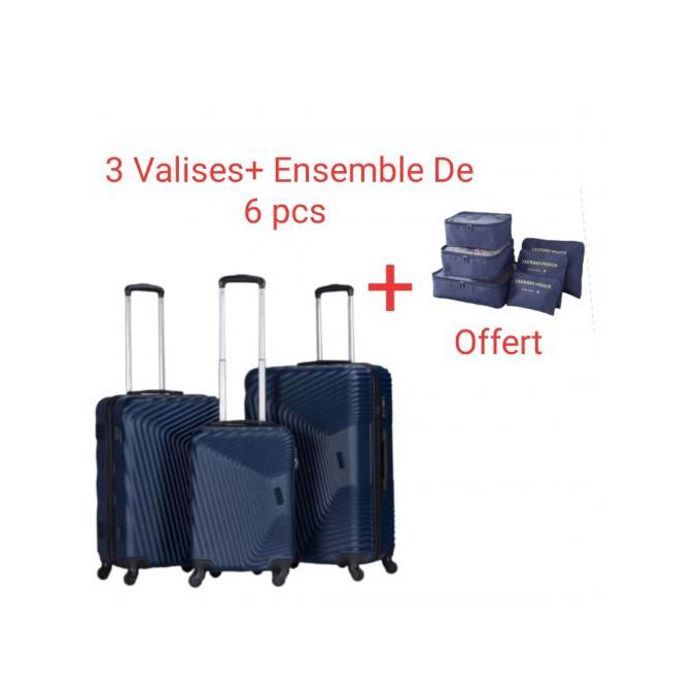 Ensemble 3 Valises + 6 Sacs de Rangement, Bleu Marine, Polycarbonate