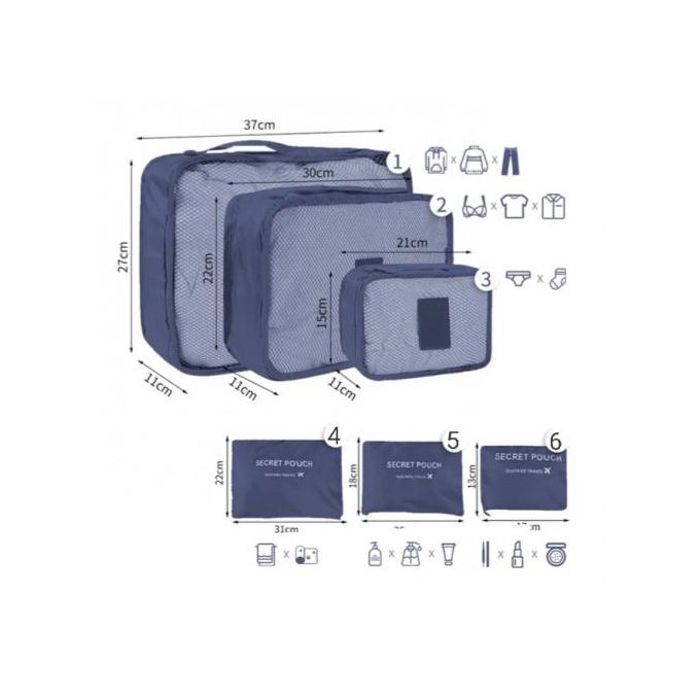 Ensemble de 6 Sacs de Rangement de Voyage, Bleu Marine, Tissu Oxford