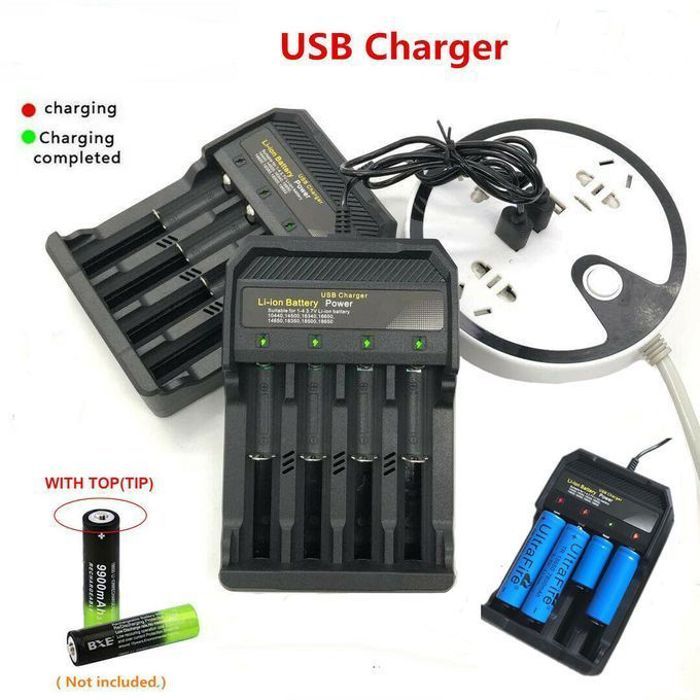 Chargeur USB pour Piles - 4 Emplacements, Lithium, 18650/14500/16340/18500