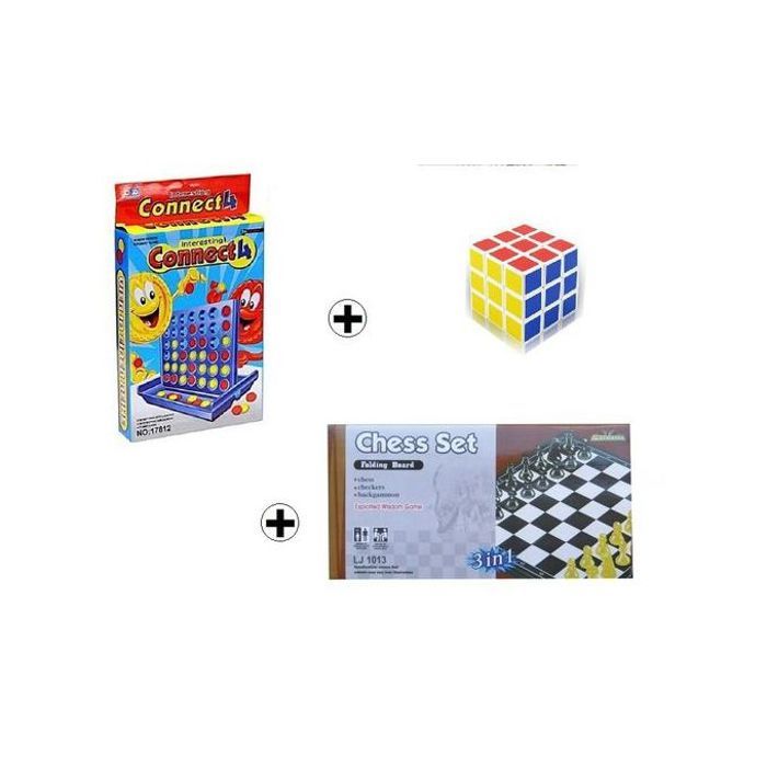 Pack 3 Jeux de Voyage - Puissance 4, Rubik's Cube, Echecs 3-en-1