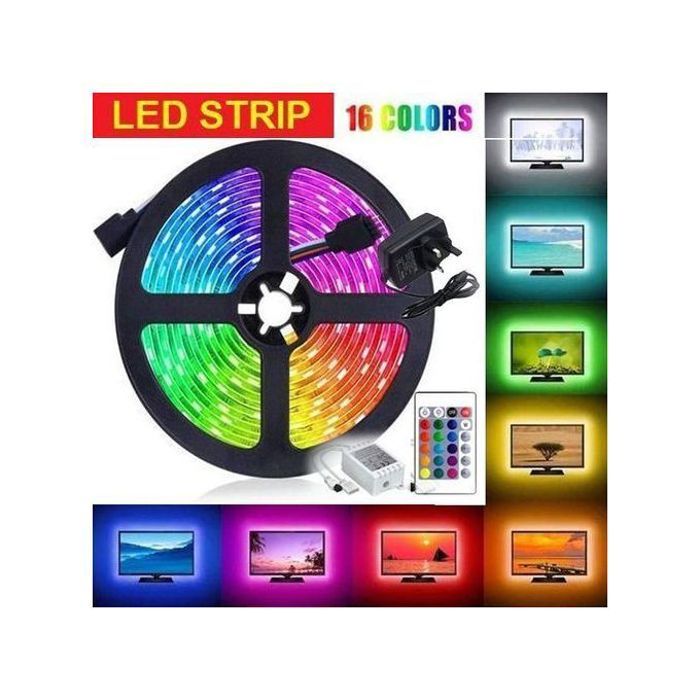 Bande LED RGB 5050 - 5m flexible et étanche - 16 couleurs - Télécommande incluse