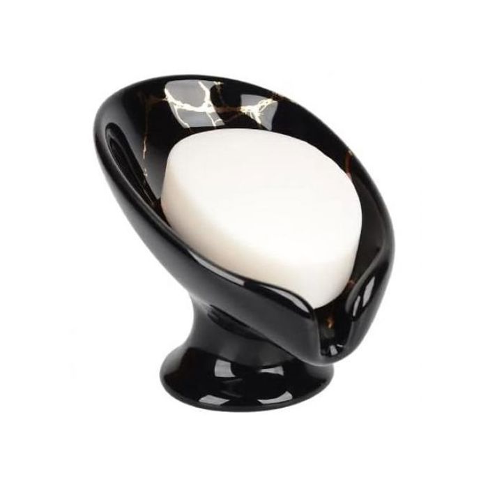 Porte-Savon en Céramique - Forme Feuille - Aspect Marbre - Noir