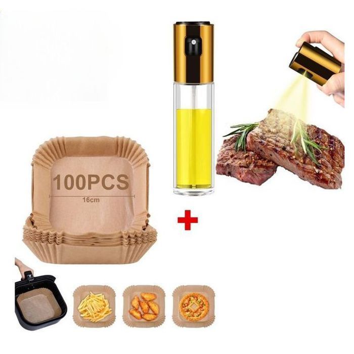 Pack Distributeur spray vaporisateur huile vinaigre pour aliment et air fryer + 100 Pcs Papier Cuisson Pour Air Fryer Forme Carrée