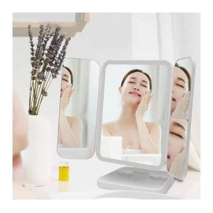 Miroir de courtoisie de Maquillage à Trois Volets avec lumières, Grossissement 1x / 2X / 3X