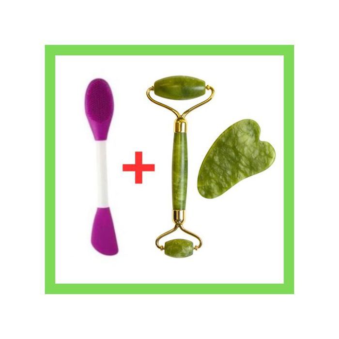 Pack 3pcs Rouleau massage visage, jade roller facial naturel, brosse double usage pour une peau éclatante