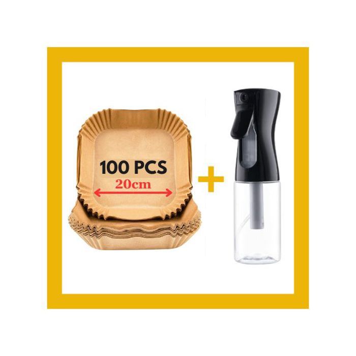 Papier friteuse Air Fryer Four Carré 100pcs + Pulvérisateur Huile Spray Accessoires Amovible Liner Friteuse sans huile