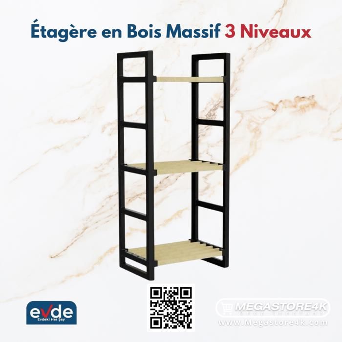 Étagère en Bois Massif 3 Niveaux – Polyvalente pour Salle de Bain, Cuisine et Bibliothèque