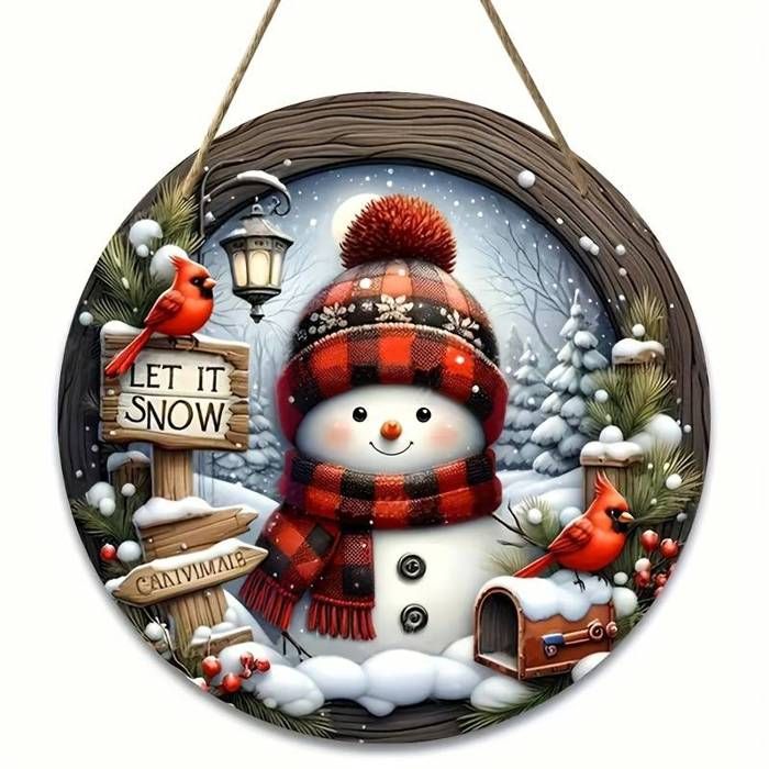 Ornement de Noël suspendu en bois contemporain - Bonhomme de neige festif avec cardinaux et lanterne