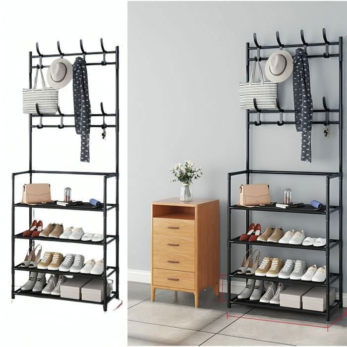 Porte-Manteau en Fer à 4 Niveaux avec Cintre Polyvalent et Organisateur de Chaussures – Solution de Rangement Gain de Place