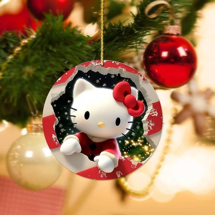 5pcs Hello Kitty & Kuromi Christmas Tree Ornament - Cute 2D Wooden Pendant, Perfect for Holiday Decor